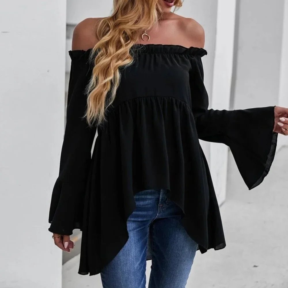 Black Off-shoulder High Low Blouse - Picture 1 of 7